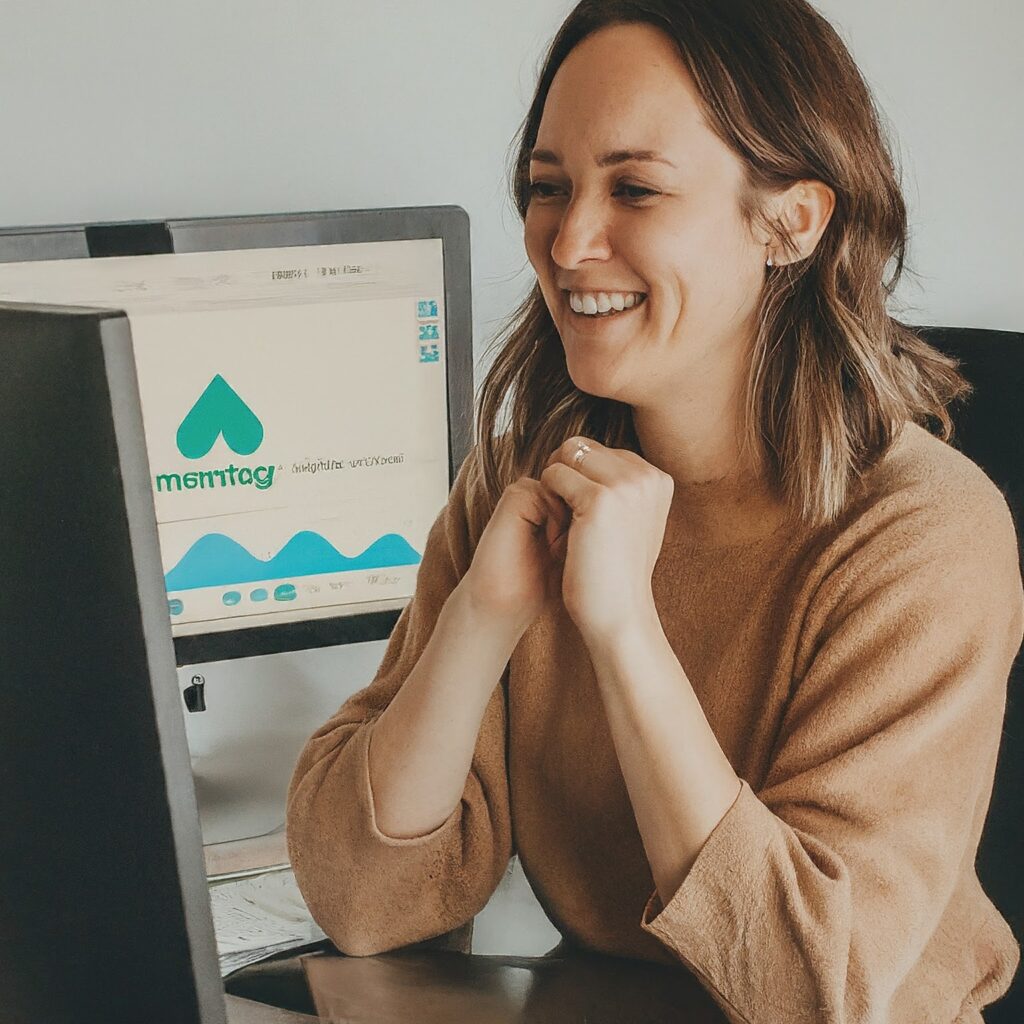 A person, likely a niche website owner, sits at a desk beaming with excitement while looking at their computer screen. The screen displays a graph showcasing a significant upward trend, symbolizing website traffic growth. Alongside the graph is the recognizable logo of MONETAG, hinting at the platform's role in the website's success.