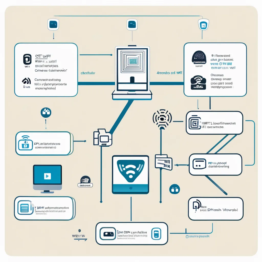 Diagram illustrating various methods to connect to WiFi without a password, including WPS, DDP, QR codes, and guest networks.