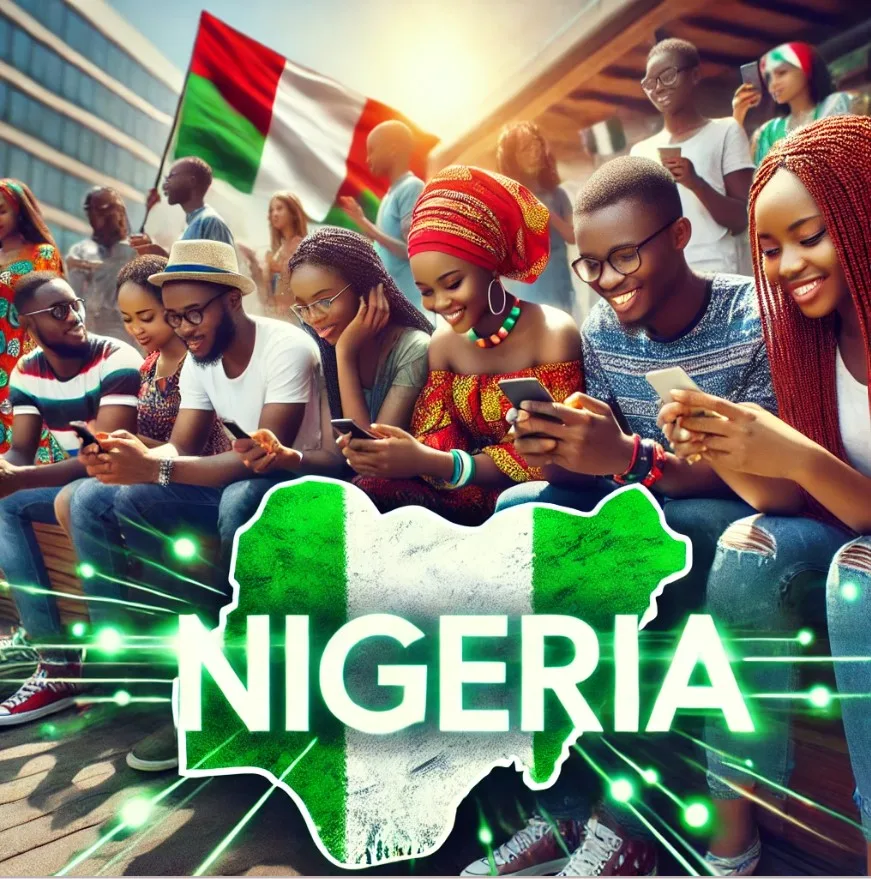 Diverse young Nigerians interacting with social Media Platforms in Nigeria