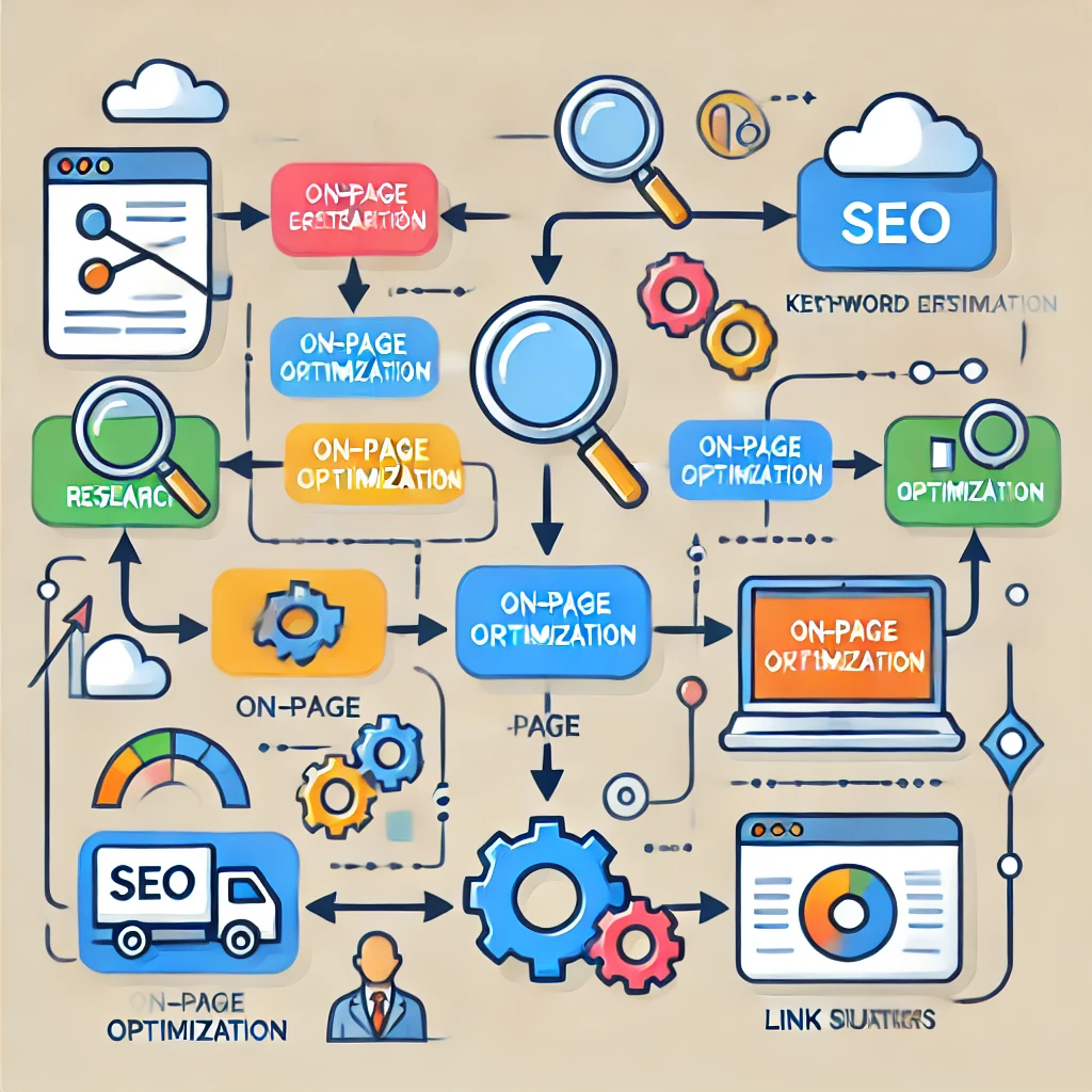 Flowchart depicting the essential steps in an SEO strategy for driving organic traffic and improving search rankings