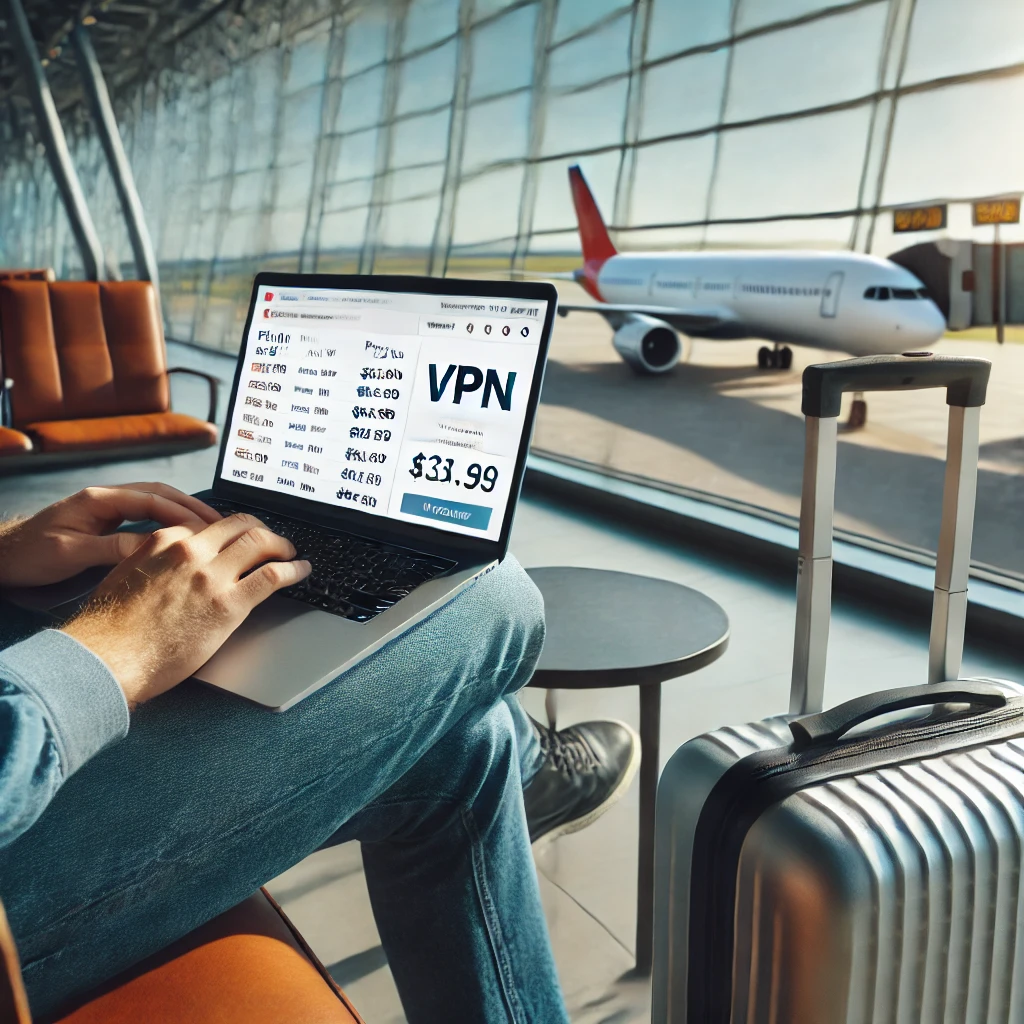 Using VPN to Get Cheaper Flights. A traveler in an airport lounge using a laptop to browse for cheaper flights