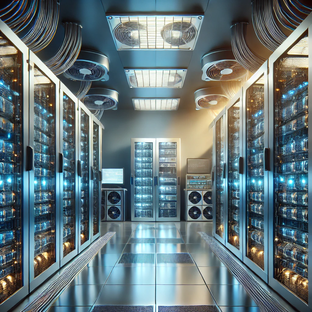 Modern data center filled with server racks and high-end technology used in cheap reseller hosting with WHMCS, showcasing the advanced infrastructure supporting web hosting services.