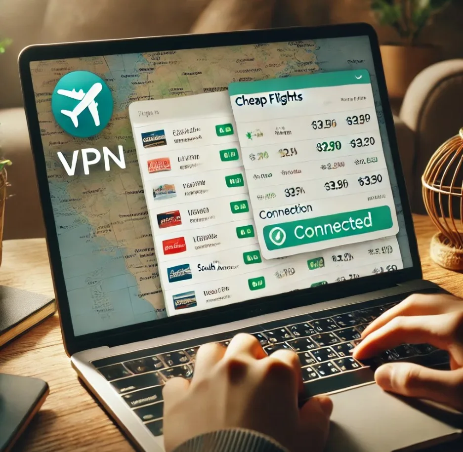 Laptop showing a flight booking screen with a VPN icon, highlighting search results for cheap flights to international destinations