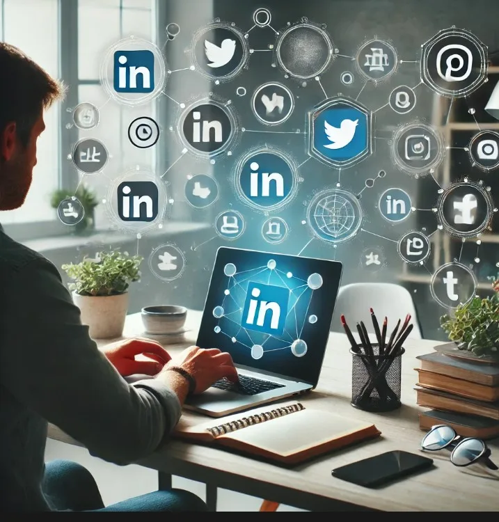 Freelancer working on a laptop with icons of LinkedIn, Instagram, Twitter, Facebook, and Pinterest surrounding them