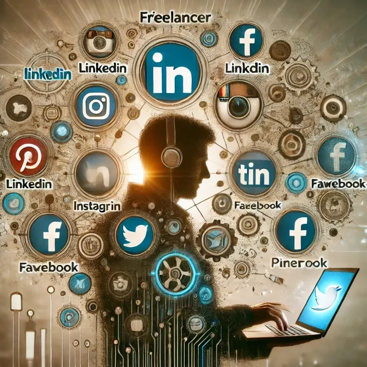 Freelancer using multiple social media platforms, with logos of LinkedIn, Instagram, Twitter, Facebook, and Pinterest in the background.