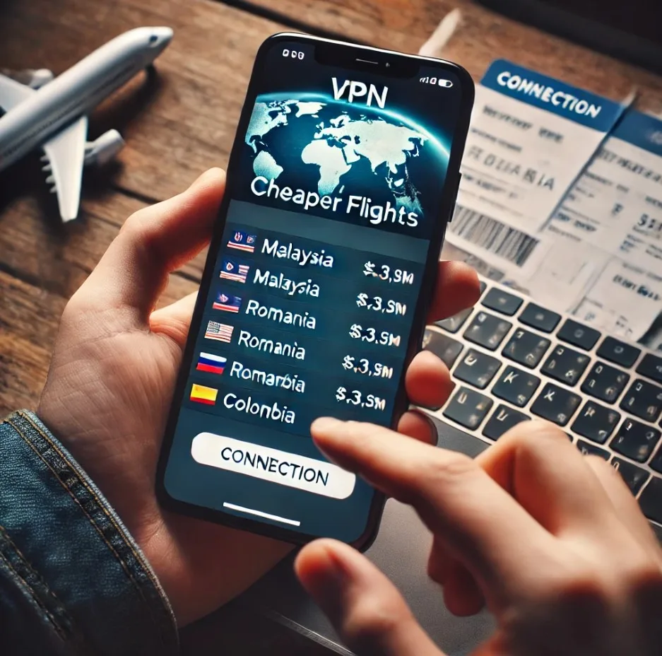 Best vpn country for cheap flights. Smartphone displaying a VPN app with selected countries like Malaysia, Romania, and Colombia for cheaper flight options, with blurred flight tickets in the background